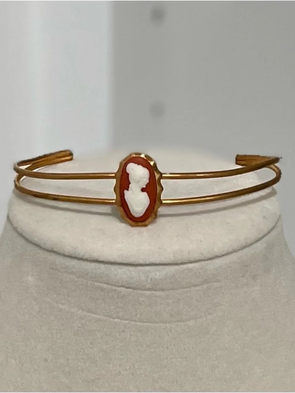 Vintage 1950’s Carnelian Cameo Brass Cuff Bracelet Victorian Cottagecore Grandma